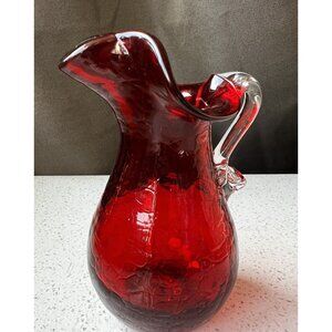 Blown Glass Red Vase Pitcher 5” Applied Clear Handle Crackle Glass Flute…